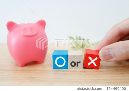 A photo of a judgment image showing a piggy bank and cross blocks lined up. 134469400