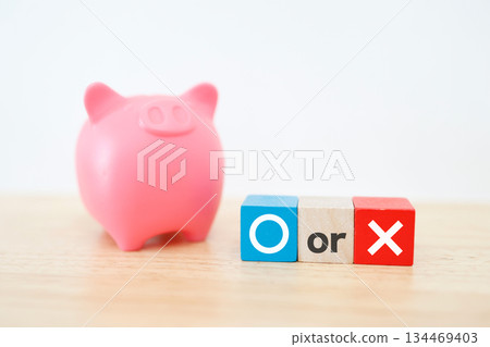 A photo of a judgment image showing a piggy bank and cross blocks lined up. 134469403