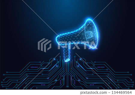 Glowing digital megaphone on circuit board, communication and marketing tech vector Glowing digital megaphone on circuit board, communication and marketing tech vector 134469564
