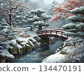 Snow falling in a Japanese garden 134470191