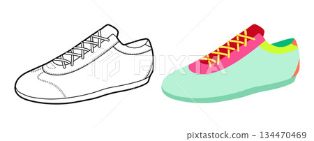 Neon running shoe flat plus line set. Trend sport footwear for gym, city run, capsule activewear wardrobe. Technical  134470469