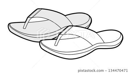 Flip flop sandal shoe women sketch pair. Curved sole comfort thong summer beach outfit. Technical fashion illustration  134470471