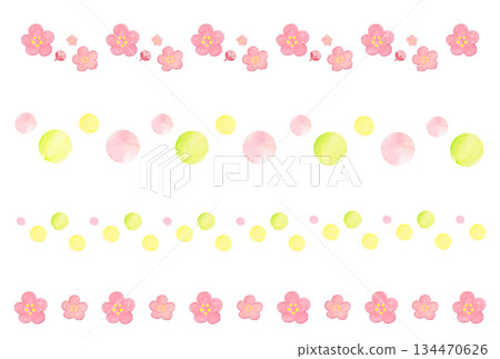 Hand-painted watercolor cute pink plum blossoms and polka dot decorative lines, set of 4. Spring, Japanese style, natural material. 134470626