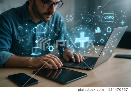 AI generated digital workflow with hologram coding elements multi device setup data integration and modern technology environment AI generated digital workflow with hologram coding elements multi device setup data integration and modern technology environment 134470767