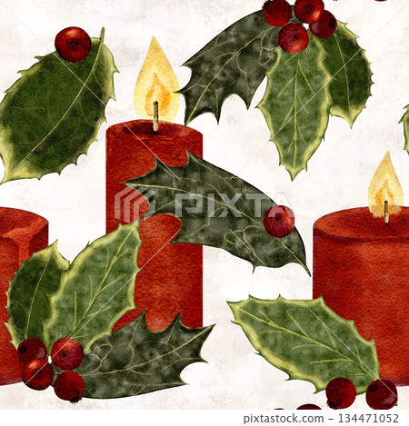 Two Christmas candles with holly leaves, red berries. Watercolor seamless border on cloud white perfect for holiday cards, seasonal packaging, decor, invitations, festive design projects. Winter Two Christmas candles with holly leaves, red berries. Watercolor seamless border on cloud white perfect for holiday cards, seasonal packaging, decor, invitations, festive design projects. Winter 134471052