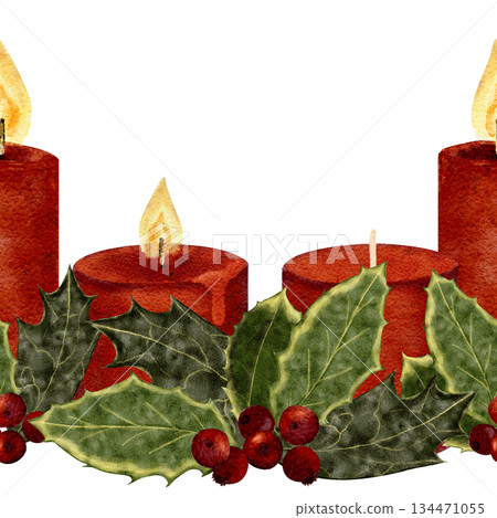 Three Christmas candles, holly leaves, red berries. Watercolor seamless border isolated on white ideal for holiday decor, seasonal packaging, invitations, festive design projects. Winter botanical Three Christmas candles, holly leaves, red berries. Watercolor seamless border isolated on white ideal for holiday decor, seasonal packaging, invitations, festive design projects. Winter botanical 134471055