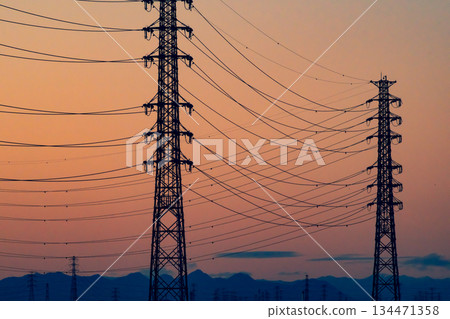 Sunset sky and power transmission tower c-3 Warm and cool colors 134471358