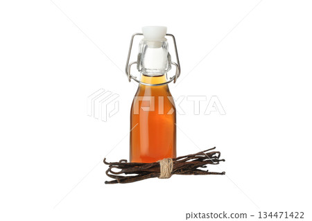 Vanilla extract and beans on white, isolated on white, PNG 134471422