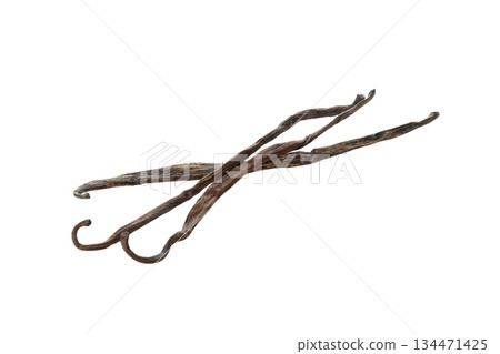Two dried vanilla pods lying side by side on white, isolated, PNG 134471425