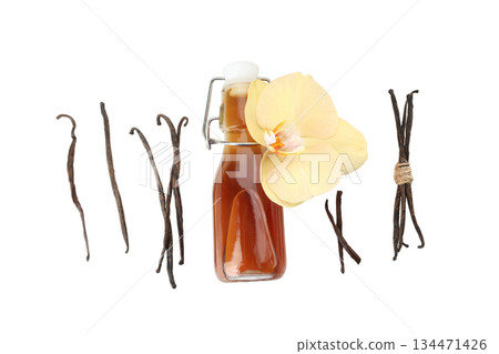 Vanilla extract by pods and flower, isolated on white, PNG Vanilla extract by pods and flower, isolated on white, PNG 134471426