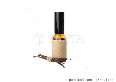 Vanilla extract in glass bottle with pods, isolated on white, PNG Vanilla extract in glass bottle with pods, isolated on white, PNG 134471428
