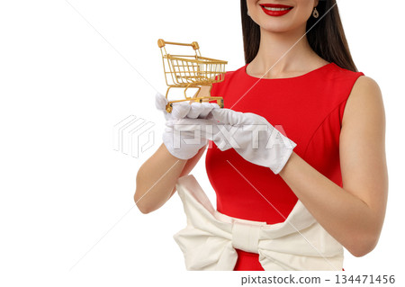 Woman in red dress with gloves and a cart, isolated, PNG Woman in red dress with gloves and a cart, isolated, PNG 134471456