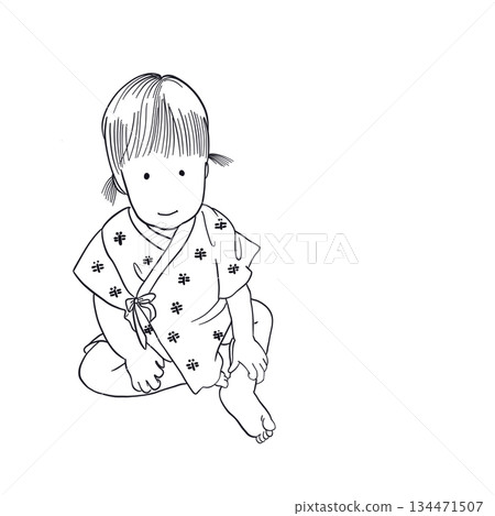 Child with tied hair line art 134471507