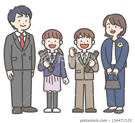 Smiling elementary school boy and girl with their families holding their diplomas 134471525