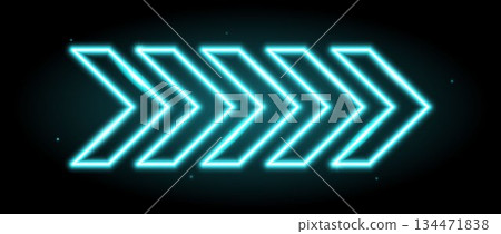 Light blue neon arrow elements. Turquoise glowing led direction sign. Shine tube lamps in arrowhead shape. Bright luminous fluorescent pointer effect for banner, poster, logo. Vector neon led lights 134471838