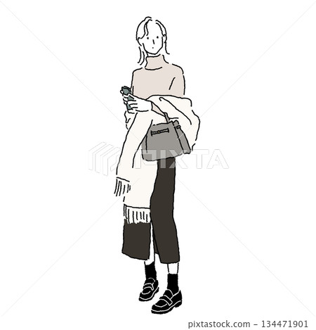Woman looking at smartphone Office casual outfit Color illustration 134471901