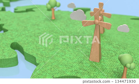 Renewable Energy Landscape with Wooden Wind Turbines 3d render. Renewable Energy Landscape with Wooden Wind Turbines 3d render. 134471930