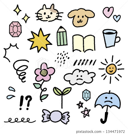 Hand-drawn style cute motif illustration set (pastel colors with black border) 134471972