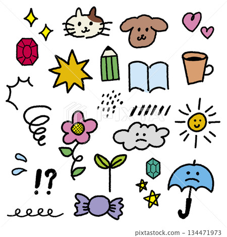手繪風格可愛圖案插畫集（原色，黑色邊框） 134471973