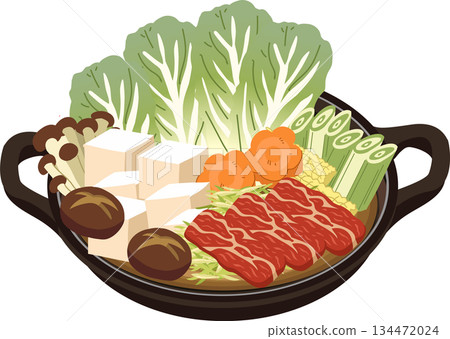 japanese hot pot nabe with sliced beef tofu napa cabbage and vegetables in a clay pot. 134472024