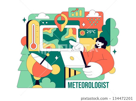 Meteorologist Vector Illustration Featuring A Weather Forecaster Analyzing Atmospheric Precipitation Maps And Weather Patterns on a Flat Background 134472201
