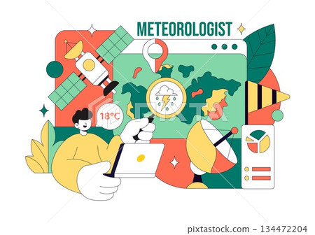 Meteorologist Vector Illustration Featuring A Weather Forecaster Analyzing Atmospheric Precipitation Maps And Weather Patterns on a Flat Background 134472204
