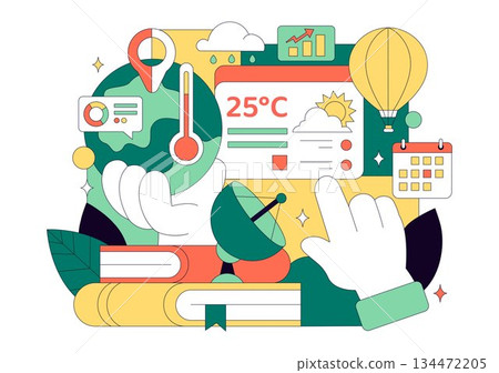 Meteorologist Vector Illustration Featuring A Weather Forecaster Analyzing Atmospheric Precipitation Maps And Weather Patterns on a Flat Background 134472205