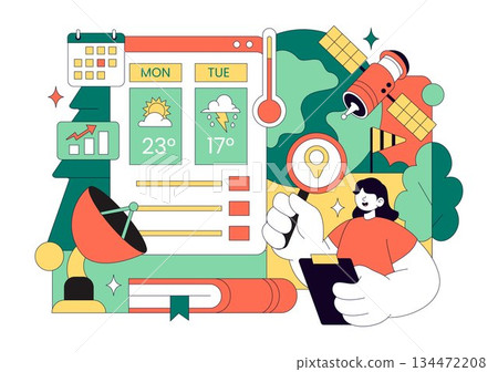 Meteorologist Vector Illustration Featuring A Weather Forecaster Analyzing Atmospheric Precipitation Maps And Weather Patterns on a Flat Background 134472208