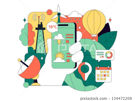 Meteorologist Vector Illustration Featuring A Weather Forecaster Analyzing Atmospheric Precipitation Maps And Weather Patterns on a Flat Background 134472209