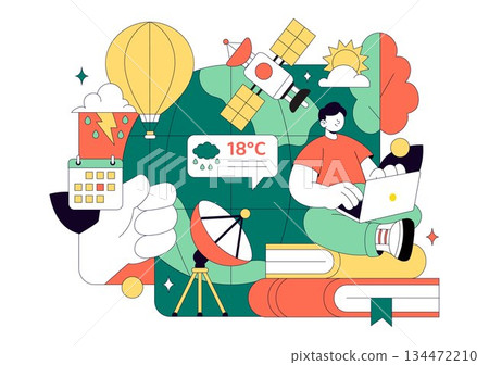 Meteorologist Vector Illustration Featuring A Weather Forecaster Analyzing Atmospheric Precipitation Maps And Weather Patterns on a Flat Background 134472210