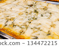 Cheese and spinach lasagne on tray. Close up 134472215