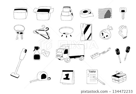 單色黑白線條畫移動準備圖示集 134472233