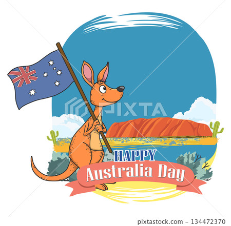 A cute kangaroo waving the Australian flag, flat vector illustration with crisp lines on a white background, ideal for online media on Australia Day 134472370