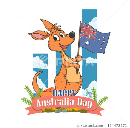 A cute kangaroo waving the Australian flag, flat vector illustration with crisp lines on a white background, ideal for online media on Australia Day 134472371