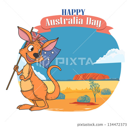 A cute kangaroo waving the Australian flag, flat vector illustration with crisp lines on a white background, ideal for online media on Australia Day A cute kangaroo waving the Australian flag, flat vector illustration with crisp lines on a white background, ideal for online media on Australia Day 134472373