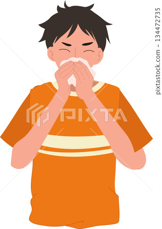 sneezing sick man blowing nose with tissue. cold flu and allergy health concept 134472735