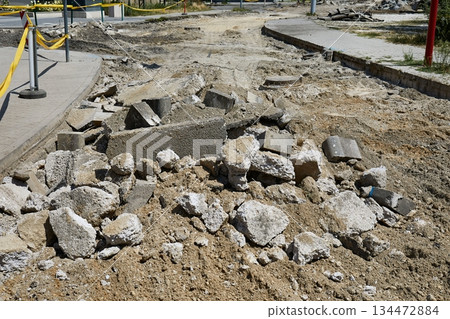Pile of debris at road construction site Pile of debris at road construction site 134472884