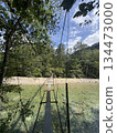 Japanese mountain stream: Suspension bridge over clear water 134473000