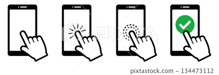 智慧型手機和手形圖示。點擊。單擊。 134473112