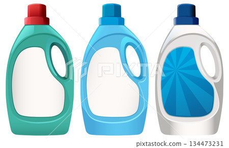 Three Plastic Laundry Detergent Bottles with Colorful Caps Three Plastic Laundry Detergent Bottles with Colorful Caps 134473231