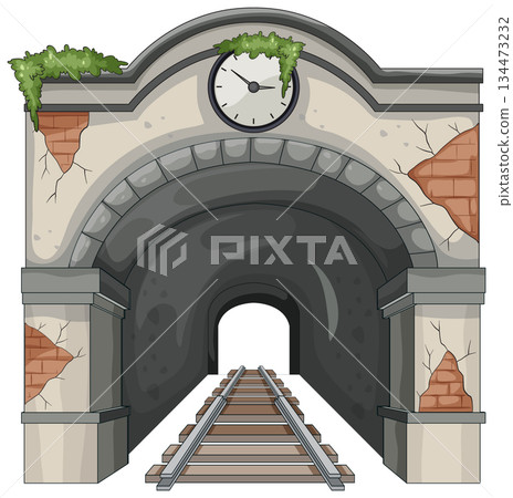 Abandoned Railway Tunnel Entrance With Old Station Clock Abandoned Railway Tunnel Entrance With Old Station Clock 134473232