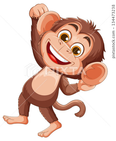Smiling Cartoon Monkey Raising Arm in Cheerful Pose 134473238