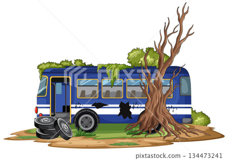 Abandoned Blue Bus Overtaken by Tree and Moss 134473241