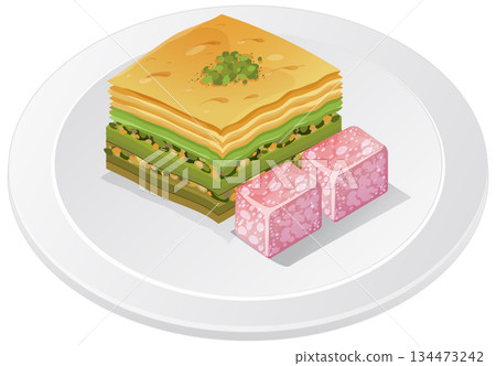Baklava and Turkish Delight on White Plate Vector Illustration 134473242