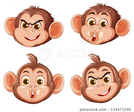 Cartoon Monkey Faces with Four Expressive Emotions 134473246