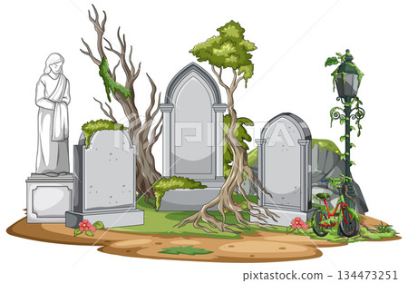 Overgrown Cemetery with Weathered Tombstones and Statue Overgrown Cemetery with Weathered Tombstones and Statue 134473251