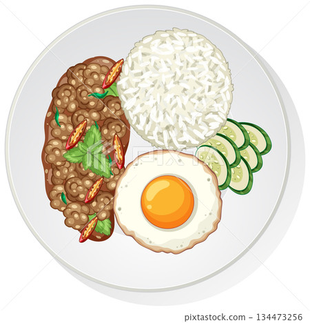 Thai Basil Beef with Rice, Fried Egg, and Cucumber Slices 134473256