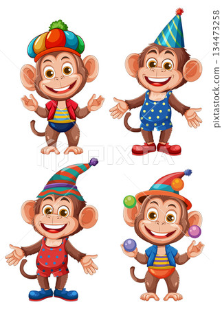 Cartoon Monkeys in Colorful Circus Costumes and Party Hats Cartoon Monkeys in Colorful Circus Costumes and Party Hats 134473258