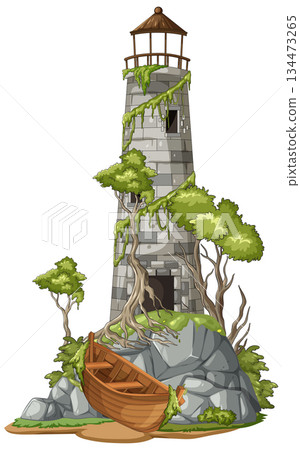 Abandoned Stone Lighthouse with Old Wooden Boat Illustration 134473265