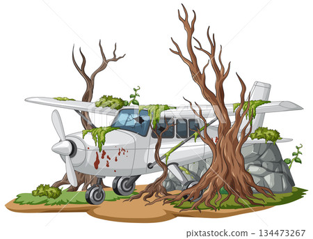 Small Abandoned Airplane Overgrown by Trees and Moss 134473267